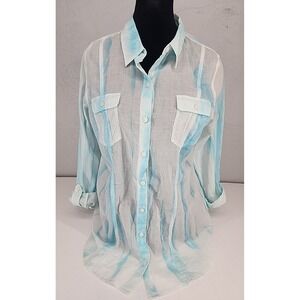 Christopher & Banks White Blue Tie Dye Button Down Roll Tab Shirt‎ Women Medium